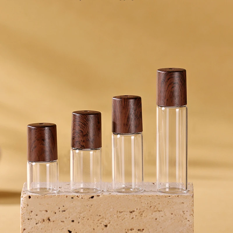 1/2/3/5ml Bottiglie vuote in vetro per olio essenziale Contenitore cosmetico Roll on Bottiglia riutilizzabile in vetro Strumento ricaricabile con coperchio in legno