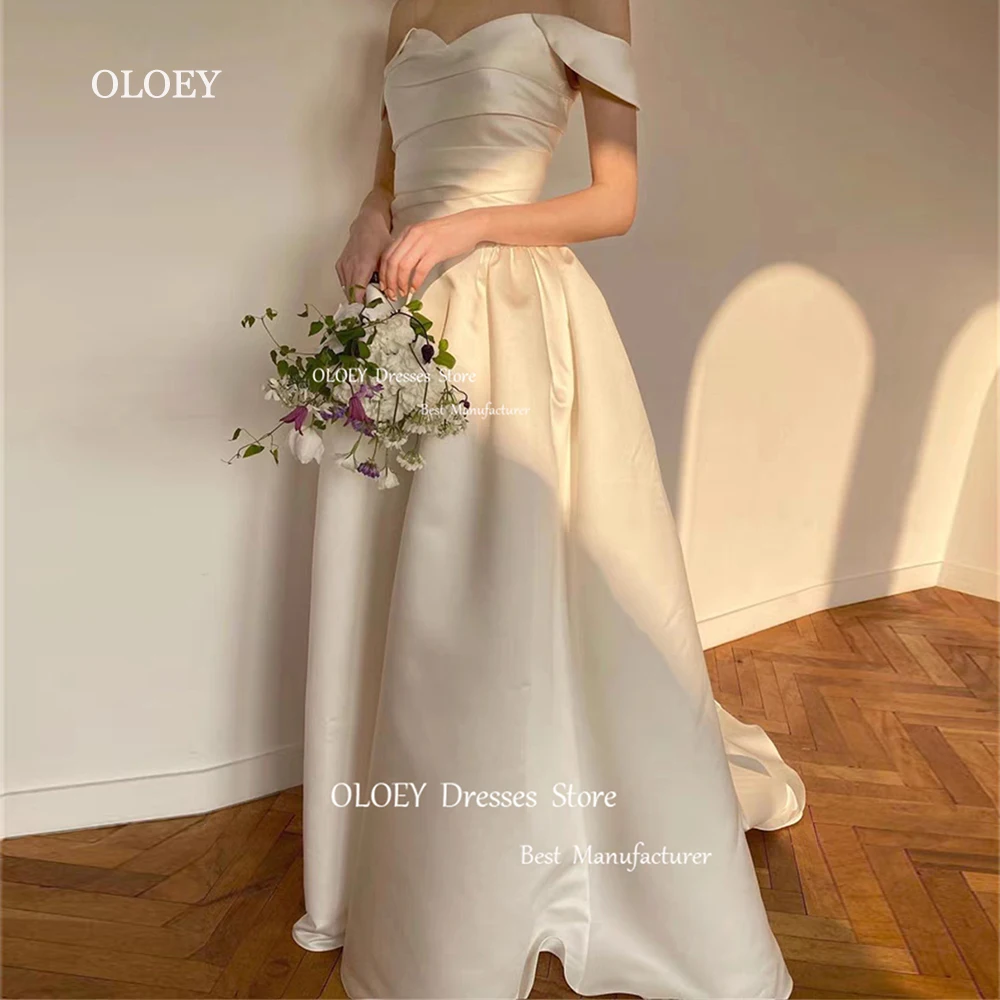 OLOEY Simple Ivory Wedding Dresses Korea Photoshoot Pleated Satin Sweetheart Bridal Gowns Corset Back Floor Length Custom Made