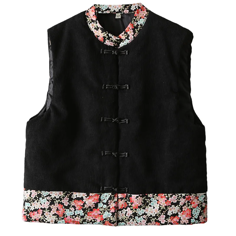 Fashion XL XXL Women Padded Vest Autumn Winter Color Contrast Chinese Style Buckle Hot Stamping Splicing Warm Waistcoat 8277