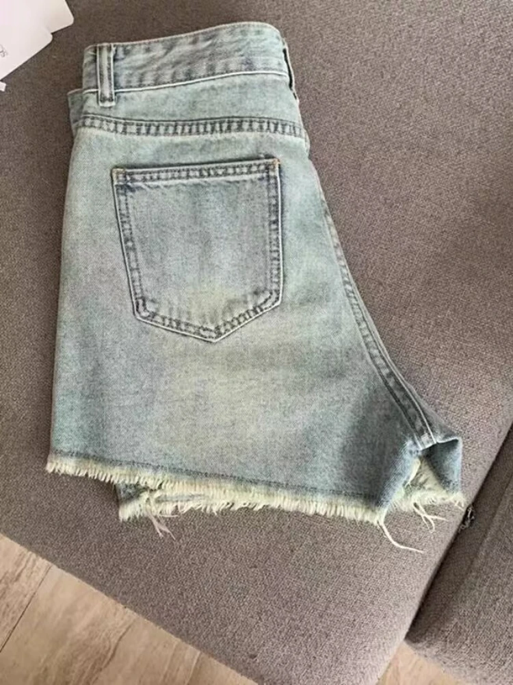 Pantalones cortos vaqueros Vintage para mujer, moda rasgada, cintura alta, novedad de verano, ropa de calle femenina recta, estilo coreano, elegante, lavada Ins