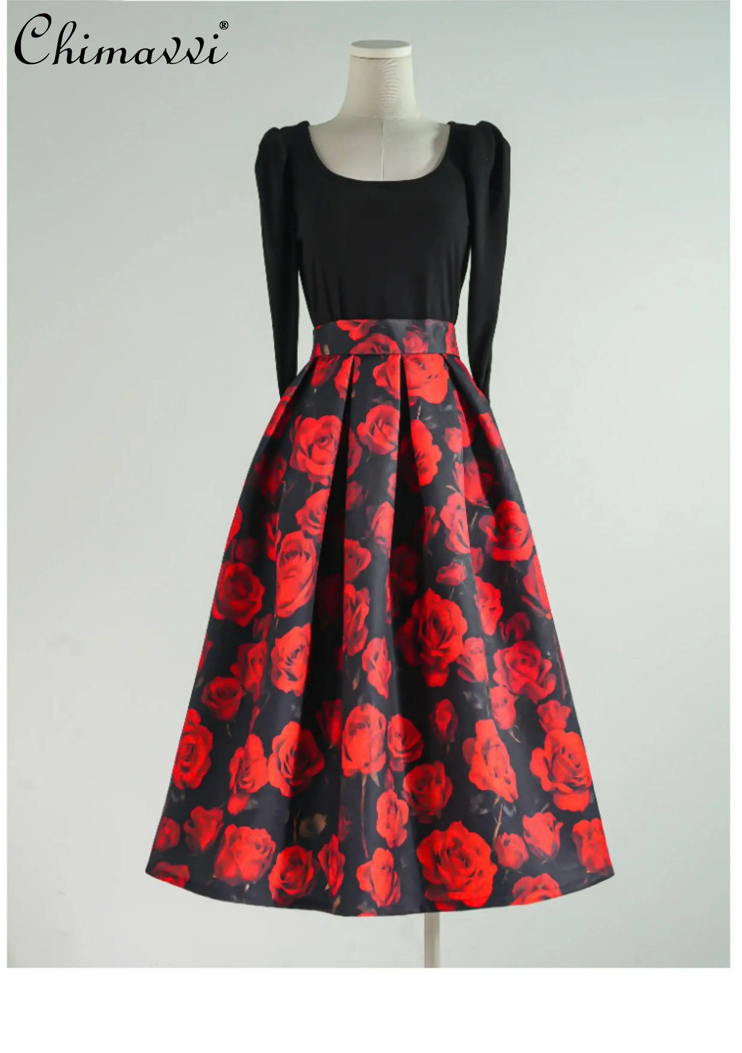 

French Elegant Fashion Vintage Rose Print A-Line Skirts Versatile Commuting High Waisted Puff Long Skirt For Women Spring 2026