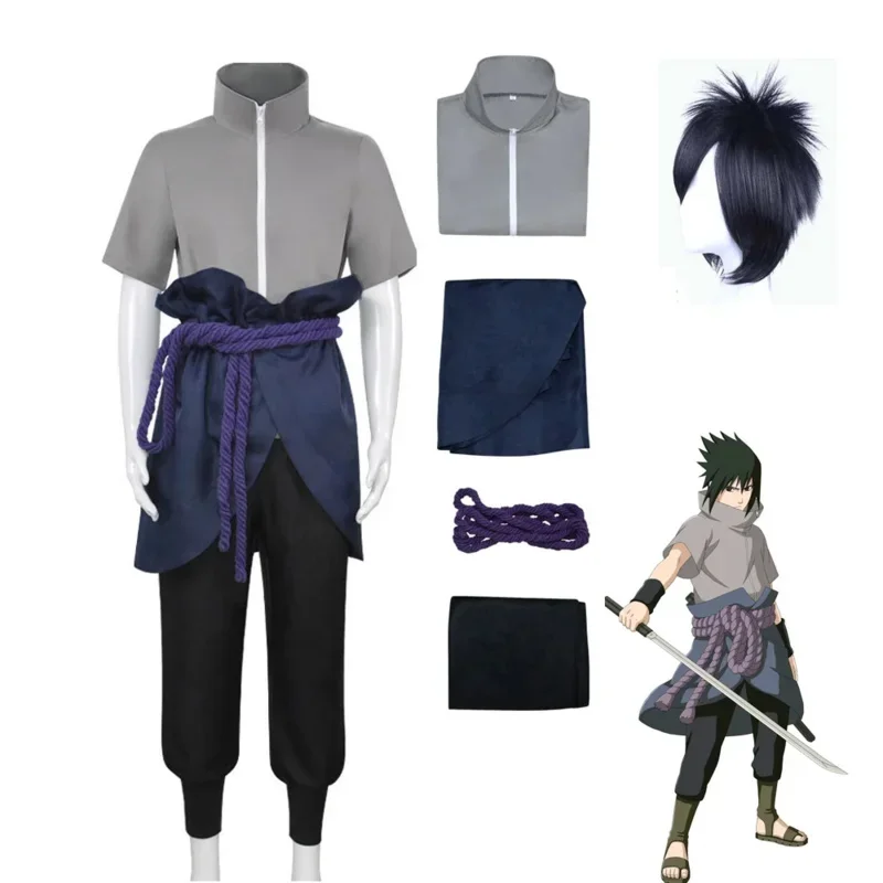 

Anime Hokage Uchiha Sasuke Cosplay Costumes Shippuden Sasuke Third Generation Suit Halloween Costume Gray Tops Suit Wig Clothes