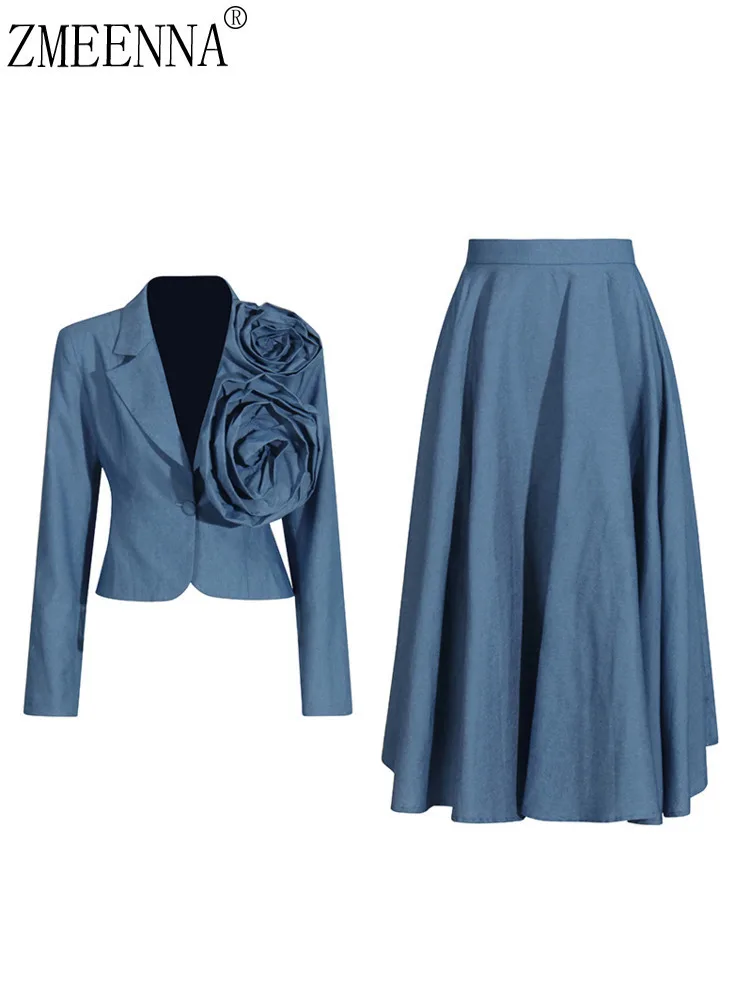 ZMEENNA 2025 Spring New Design Blue Elegant Chic Women's Blazer And Skirt Set With Rose Jacket Long Sleeve A-Line Outfit ZM647