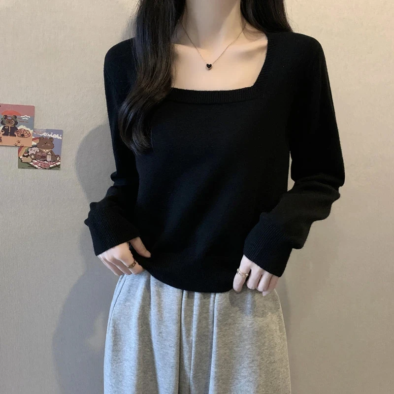 

Slimming ort Knitwear Women's oulder Length Sve Square Collar Long Sve Knitted irt Autumn plus Size Faionable V...