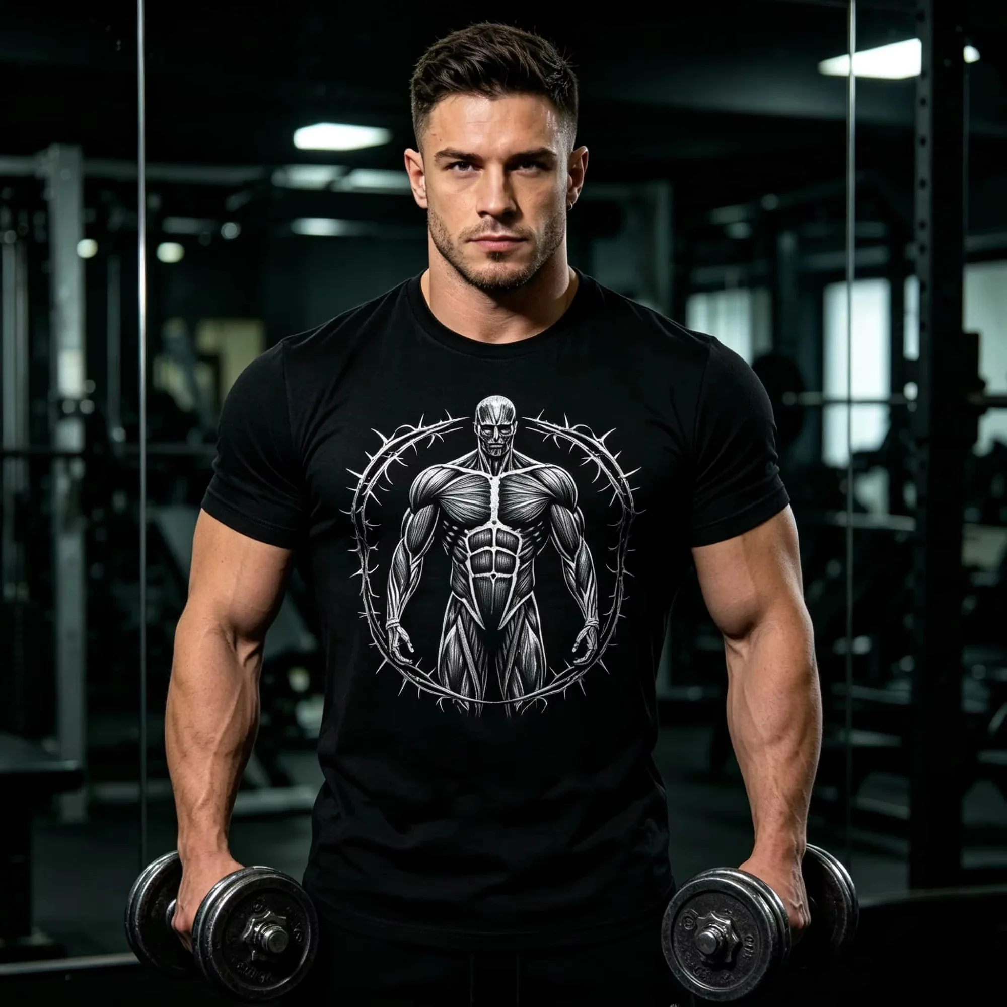 Bodybuilding Street Men Crew Neck Short Sleeve T‑Shirt Sketch Muscular Thorn Ring Art Print Athletic Training Men's Top