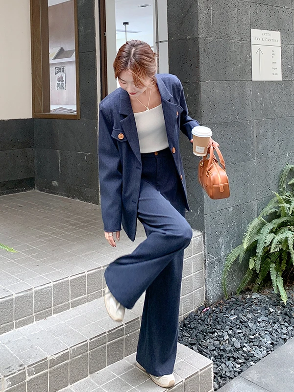

Blue Suit Wide Leg Pants Set Women Early Spring Autumn 2026 New Faion High-End Casual Two-Piece Set High Waist Long Sve