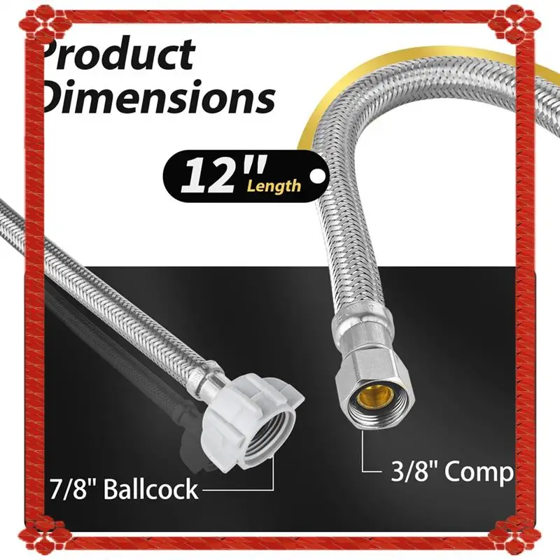 

24-часовая доставка для замены шланга для унитаза, 12-дюймовый плетеный шланг для туалета, шаровой кран 3/8 дюйма Comp X 7/8 дюйма, подача воды из нержавеющей стали