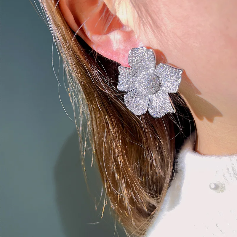 Huitan Aesthetic Big Flower Design Earrings for Women Full Bling Iced Out CZ Sparkling Female Earrings Wedding Trendy Jewelry