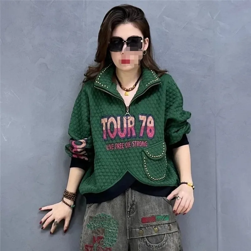 

Модная толстовка с заклепками, женская дизайнерская подол, водолазка на молнии, пуловер, осень-зима, стильные толстовки с буквенным принтом, новинка