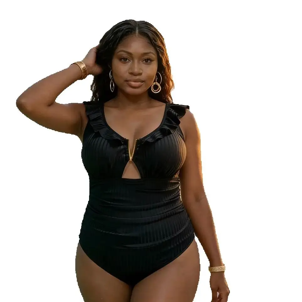Traje de baño de una pieza para mujer de talla grande, con volantes, color liso, tela brillante acanalada, corte en V profundo, sexy, estilo transfronterizo