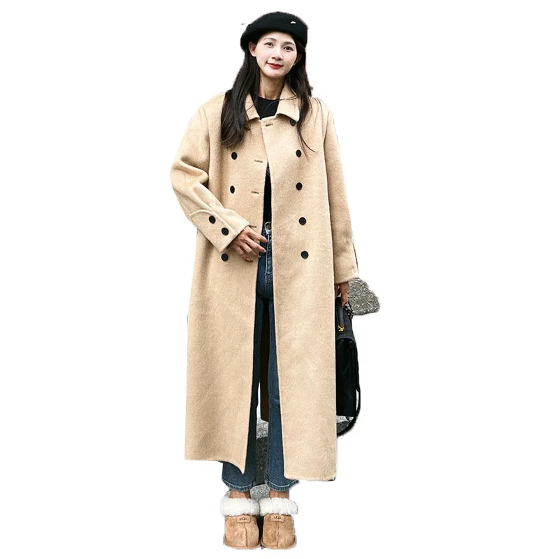 Manteau en cachemire double face pour femme, style long, coton en pure laine, double boutonnage, au-dessus du genou, à la mode, dernier 2023