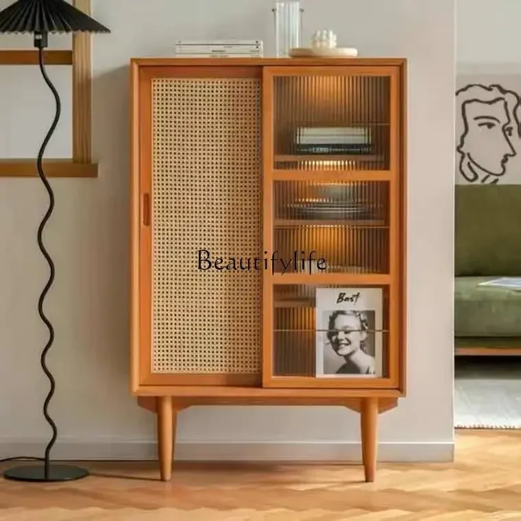 

Whole house furniture Nordic Solid Wood Rattan Bookcase Living Room Glass Door Bookshelf