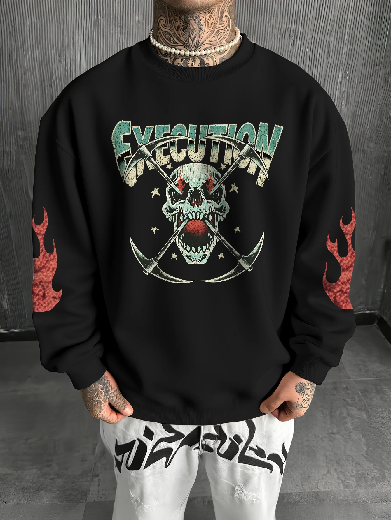 Men's Oversized Streetwear Execution Skull Scythe Print Polyester Black Long Sleeve Crewneck Sweatshirt S-2XL