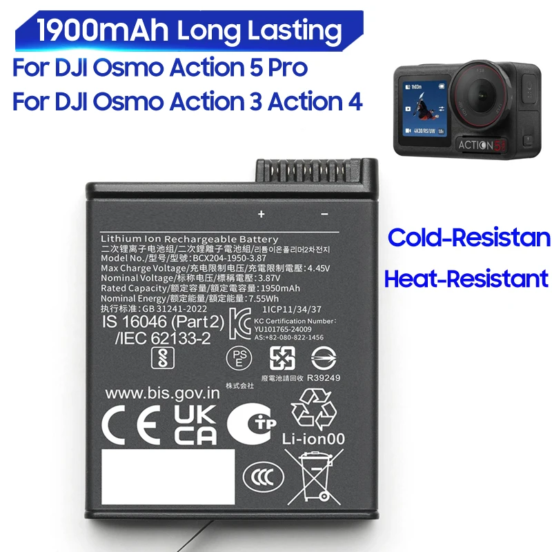 

Replacement Battery For DJI Osmo Action 5 Pro Action 3 4 Cold Resistant and Heat-resistant Enhanced Endurance Batteries 1950mAh