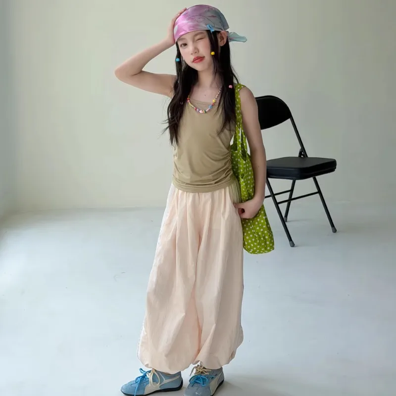 2026 Summer Same Style Strap Lantern Pants Set 2026 Summer Style Girls Tank Top Loose Leg Tight Sports Pants Two Piece Set