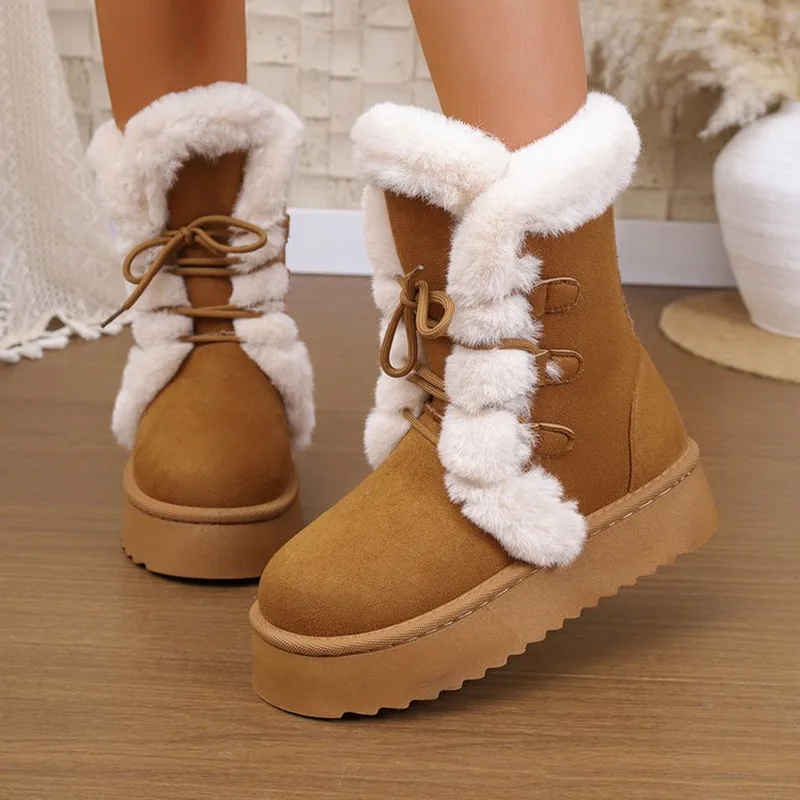 2025 العلامة التجارية الجديدة كبيرة الحجم أحذية الثلوج للنساء أزياء من الدانتل متابعة مسطحة القاع سميكة أحذية الثلوج مريحة غير رسمية أحذية الشتاء