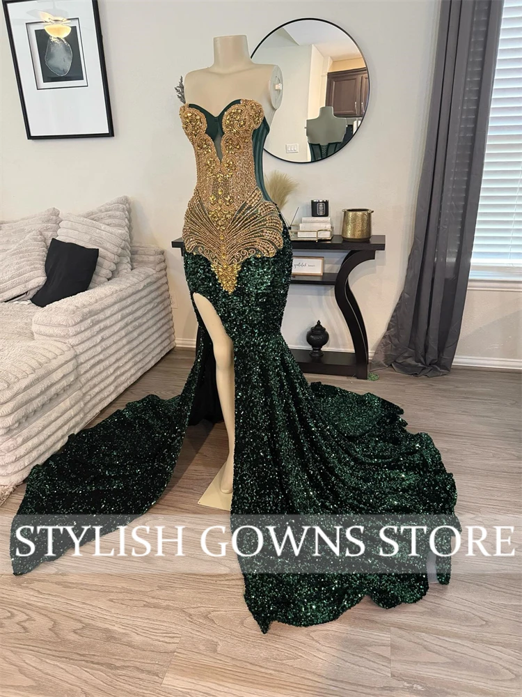 Verde escuro lantejoulas cristal dourado vestidos de baile o-pescoço apliques miçangas para meninas luxo trem varredura sereia vestidos de festa à noite