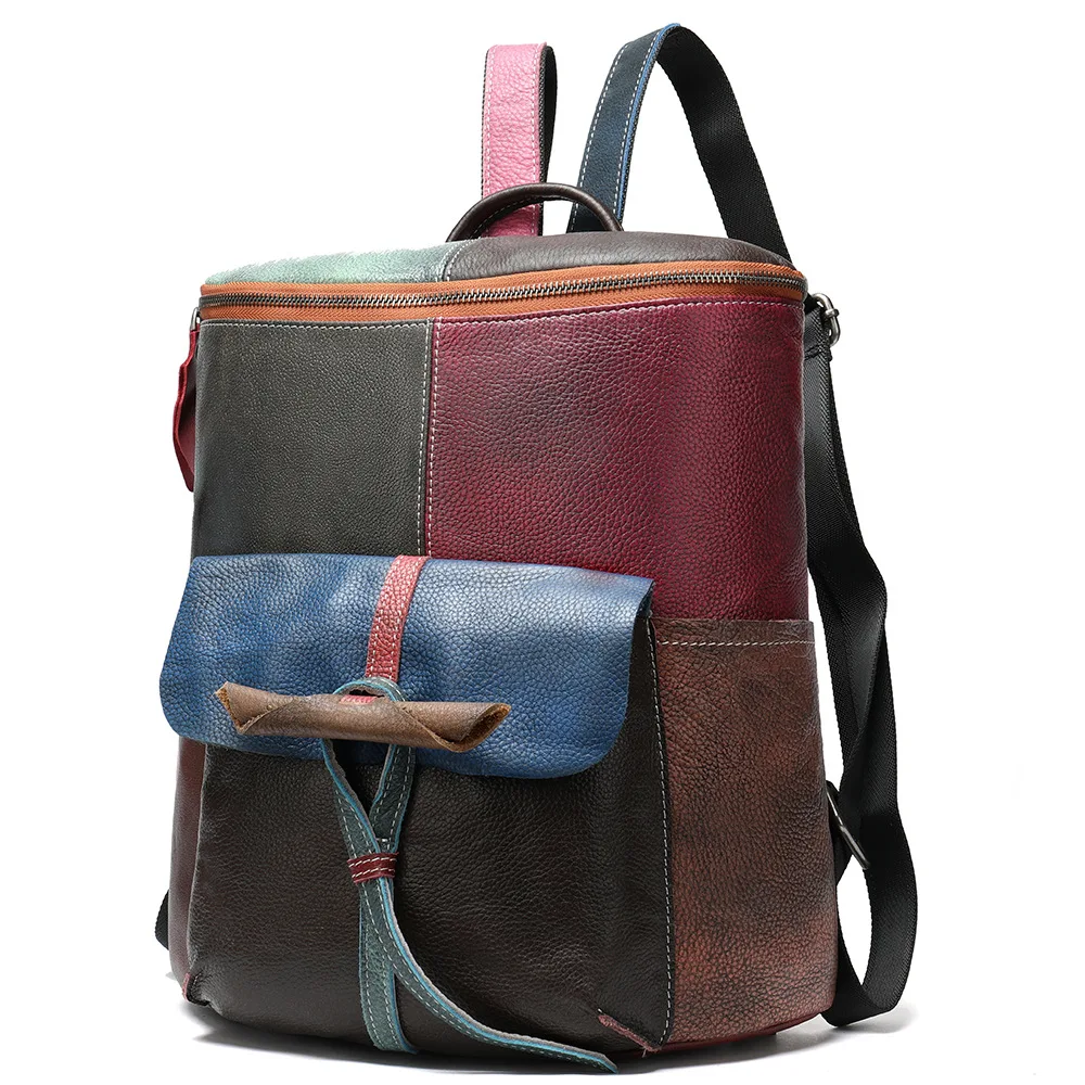 

Patchwork Genuine Leather Backpack Woman Real Cow Leather Shoulder Bags Fashion Ladies Cowhide Travel Tote Bag