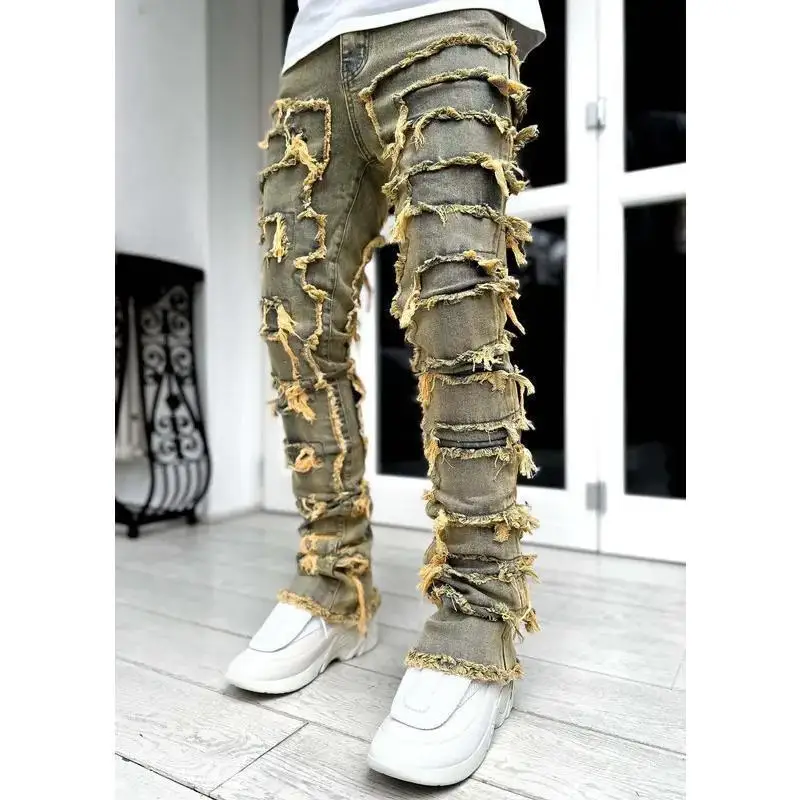 Stretchy Vintage Stacked Premium  Frayed Jeans for Men Low Waist Non-Fading Summer 2025 Neutral Zipper Closure