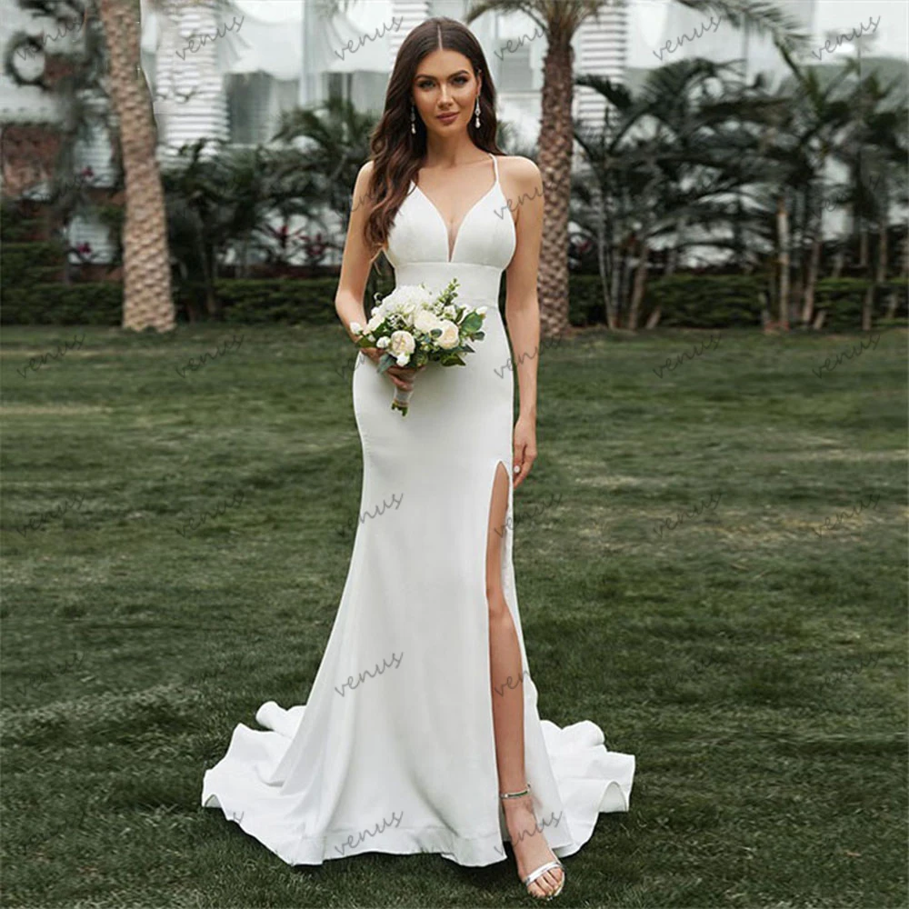 

Sexy Wedding Dresses Satin Bridal Gowns Sleeveless High Slit Backless Sheath Mermaid Floor Length Robes Vestidos De Novia 2024