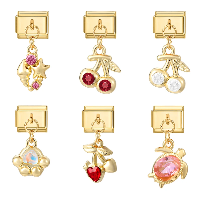 Lovely Turtle Cherry Ice Cream Star Paw Crystal Gold Color Pendant Italian Charm Links Fit 9MM Bracelet Making DIY Jewelry Gifts