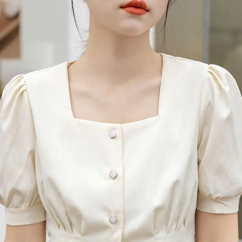 Fashion Square Collar Button Folds Puff Sleeve Shirts Women's Clothing 2024 Summer New Loose Chic Tops Office Lady Blouses