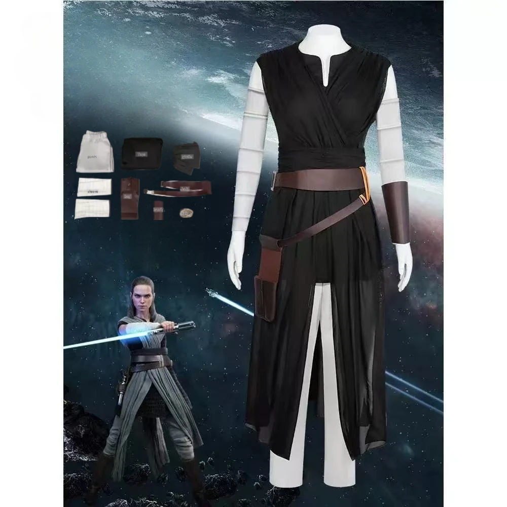 

Movie Rey Cosplay Costume Black Top Pants Full Set for Adult Female Warrior Outfit Halloween Carnival Party Stage Show Suit