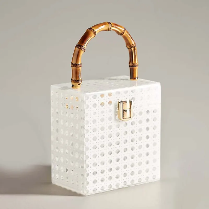 2025 Fashion Designer Acrylic Rattan Bamboo Handle Women Wedding Evening Clutch Bag Lady Box Handbag New Shoulder Bag With Chain view 5