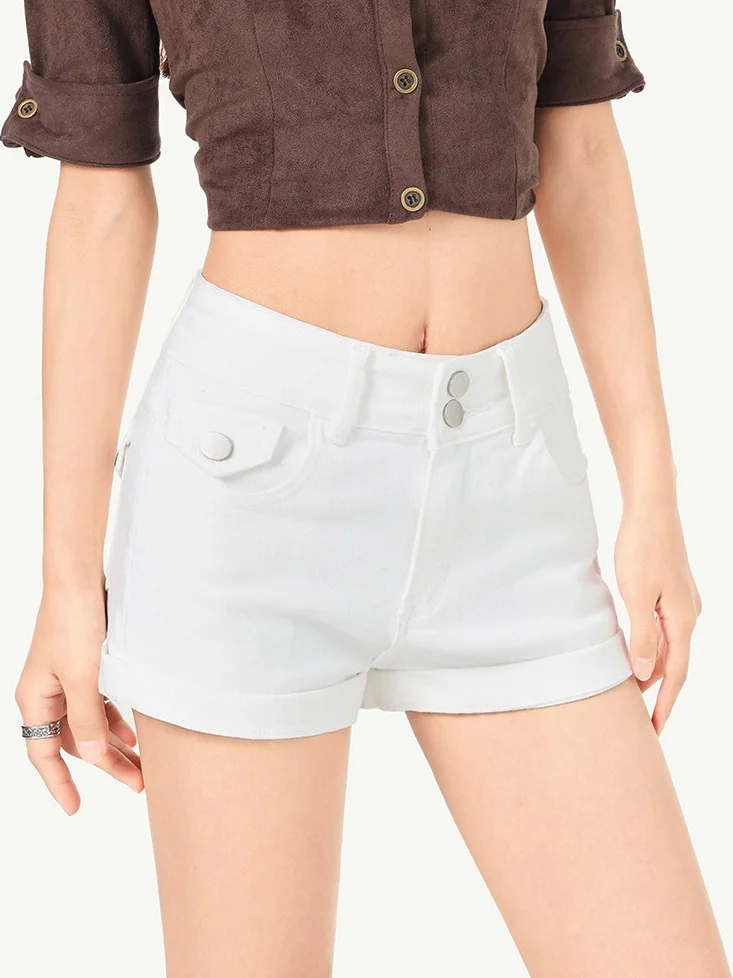White High Waist Double Buckle Denim Shorts Women's Summer Cuffed Workwear Pockets Slimming Fitting Versatile Small Size Hot ...