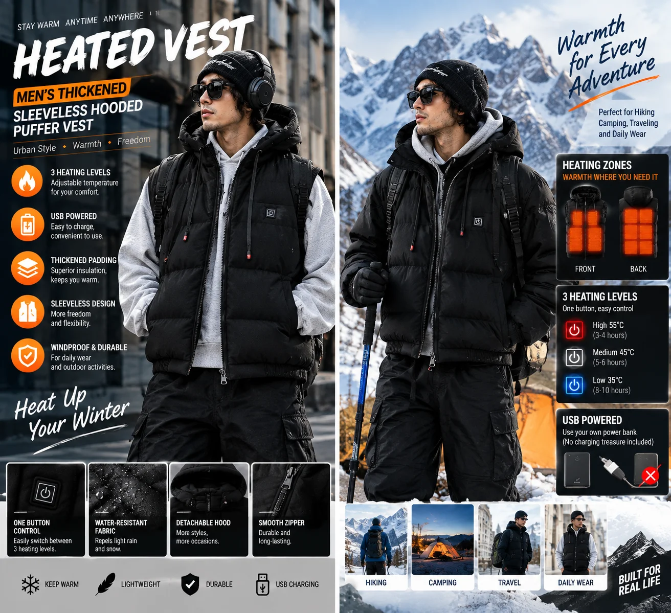 Men's Thickened Sleeveless Hooded Electric Heating Constant Temperature Vest with USB Charging, Without Charging Treasure