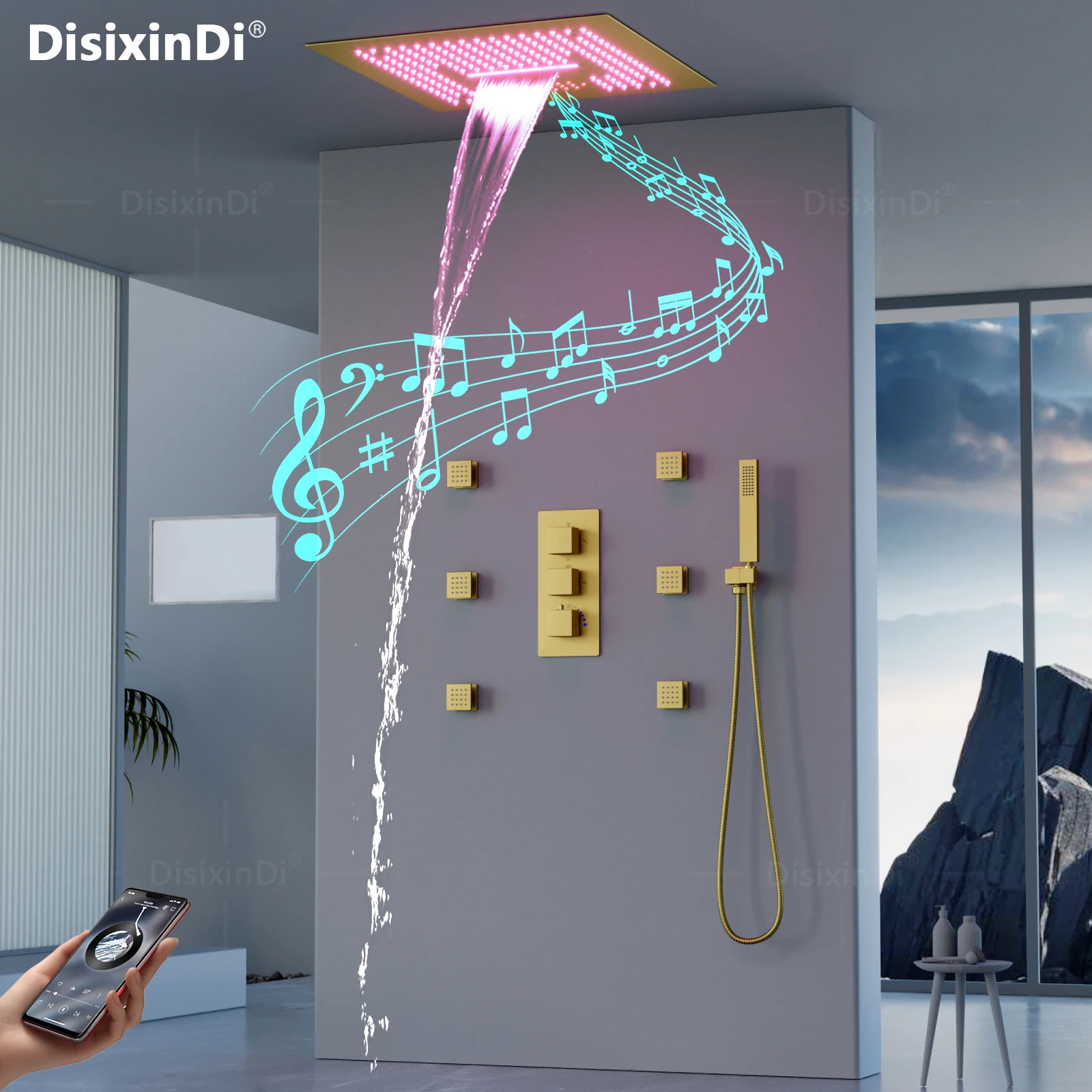 Ceiling Embedded 16 Inch Music LED Rain&Waterfall Shower Shower Head Brushed Gold Thermostatic Valve Bathroom Shower Faucet Set