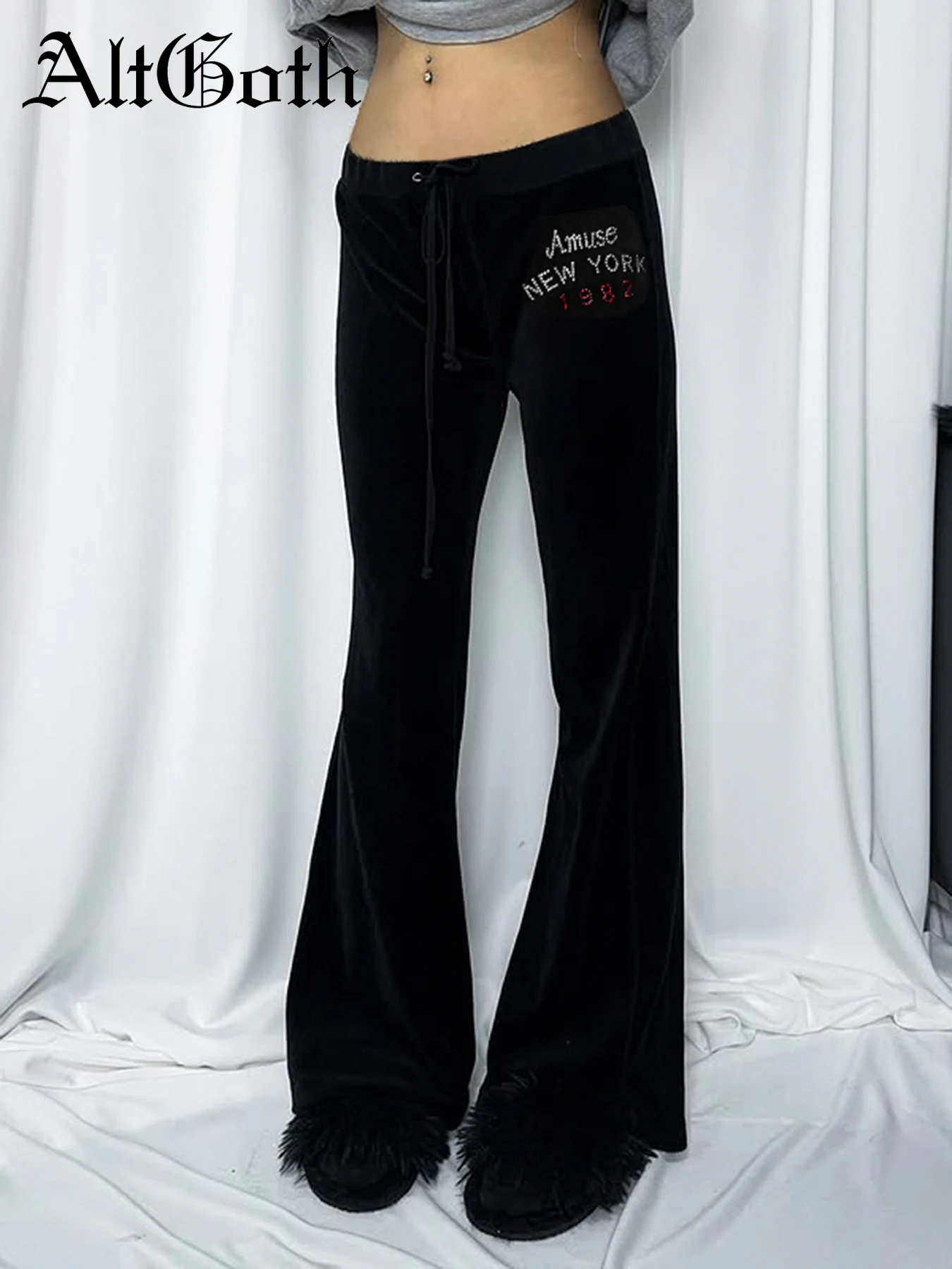 

AltGoth Vintage Y2k Velvet Pants Women Dark Goth Streetwear Letters Print Low Waist Loose Trousers Harajuku Grunge Casual Pants