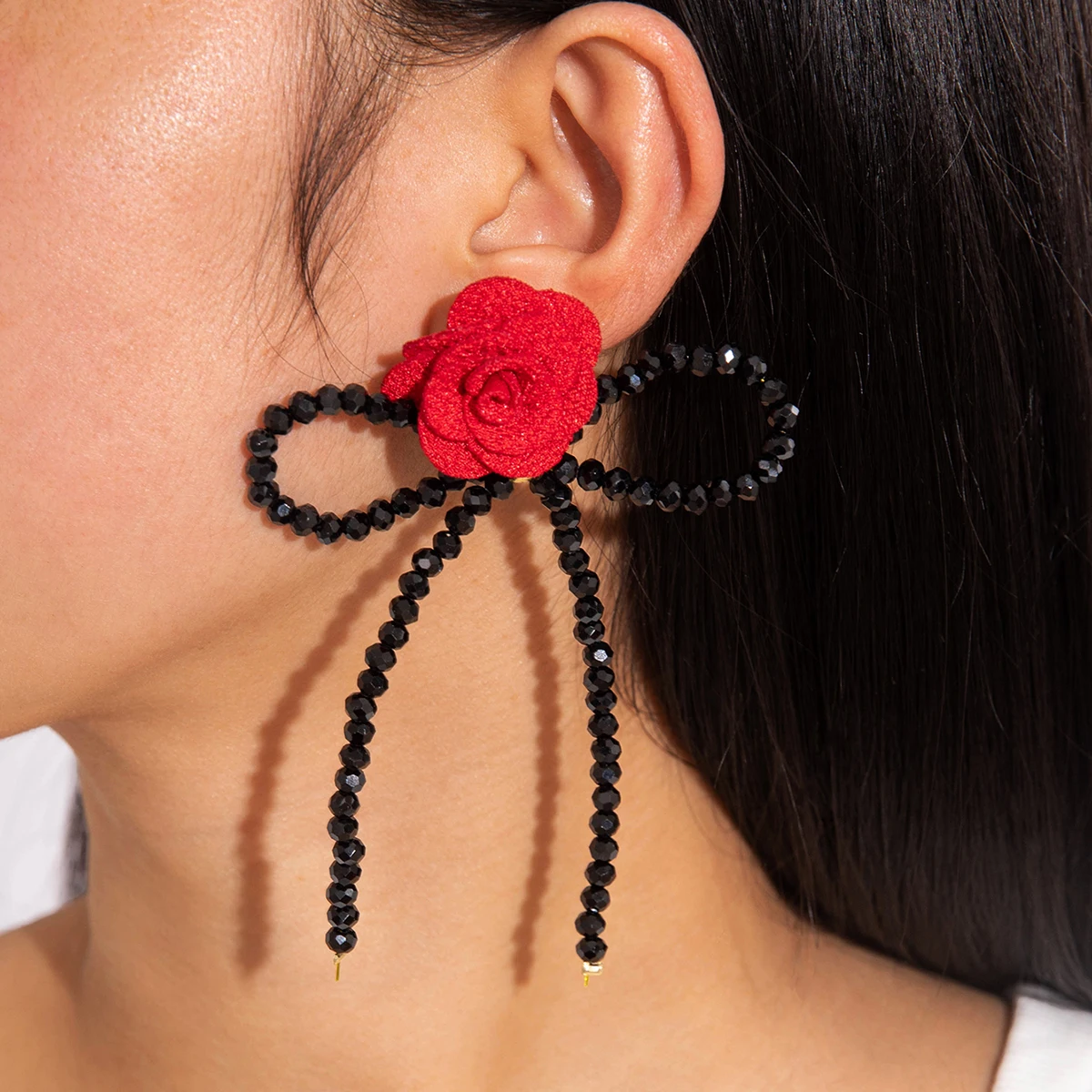 Tocona 2024 New Fashion Black Colour Bead string Bow Red Colour Resin Flower Stud Earrings Women Party Jewelry Accessories