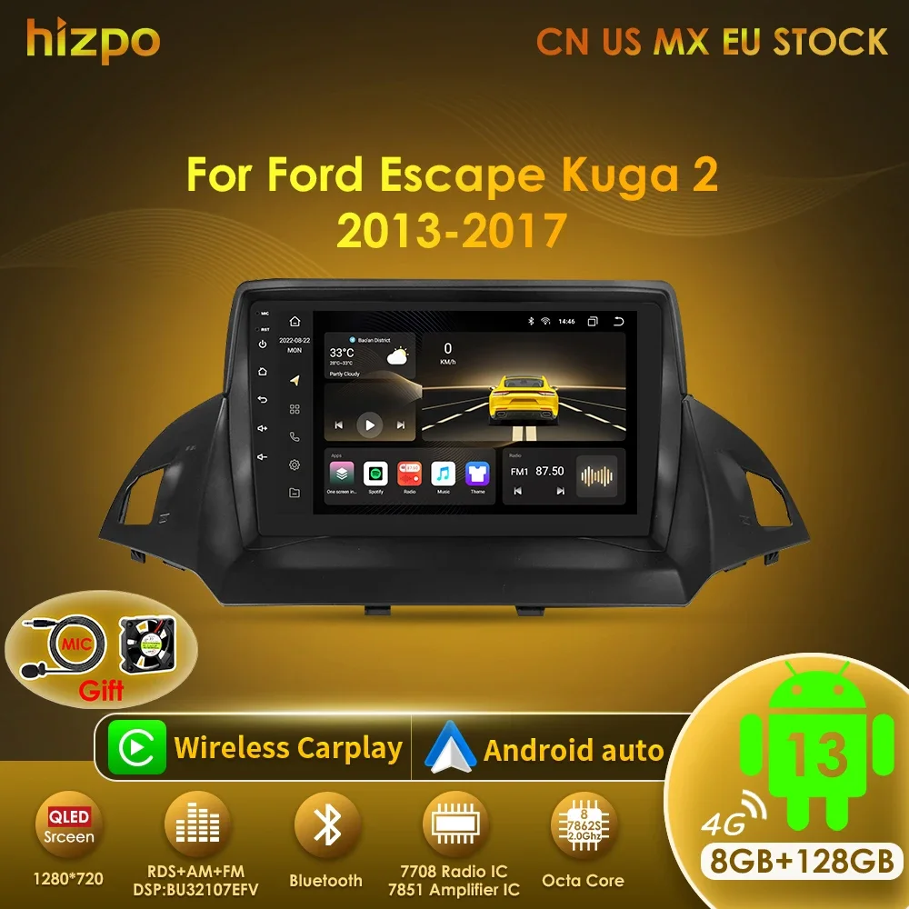 Hizpo Car Radio 2 Din Multimedia Player For Ford Kuga 2 Escape 2013-2017 9\'\' Android Auto Stereo GPS Navigation DSP RDS AI Voice