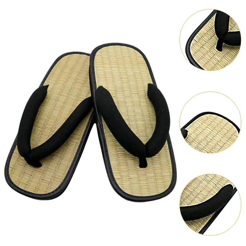 Straw Plaited Man Flip Flops Summer Slippers Y shaped Clip Slippers Sandals Open Toe Couple Thick Bottom Slippers Indoor House