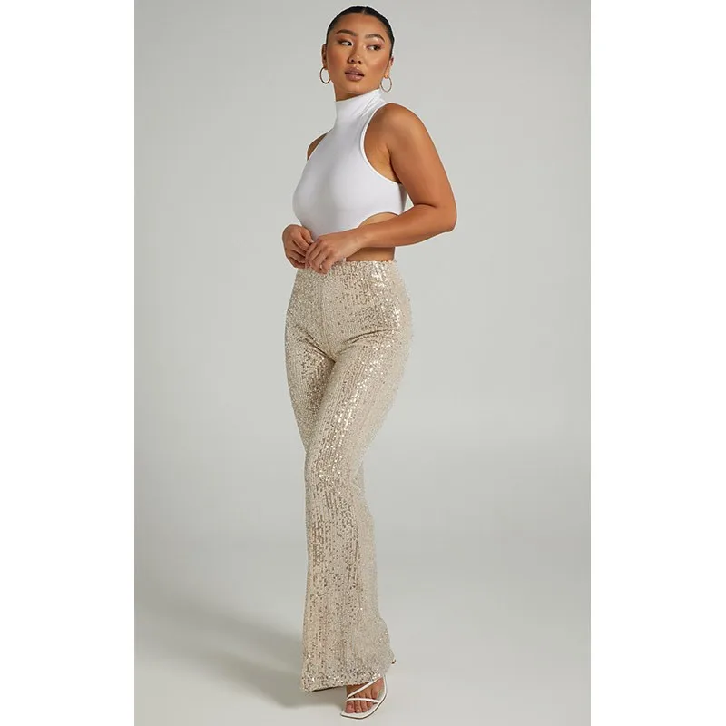 Women Casual High Waist Pants Sequined Long Trousers Metallic Gold Wide Leg Pants Iridescent Green Full Length White Sequin