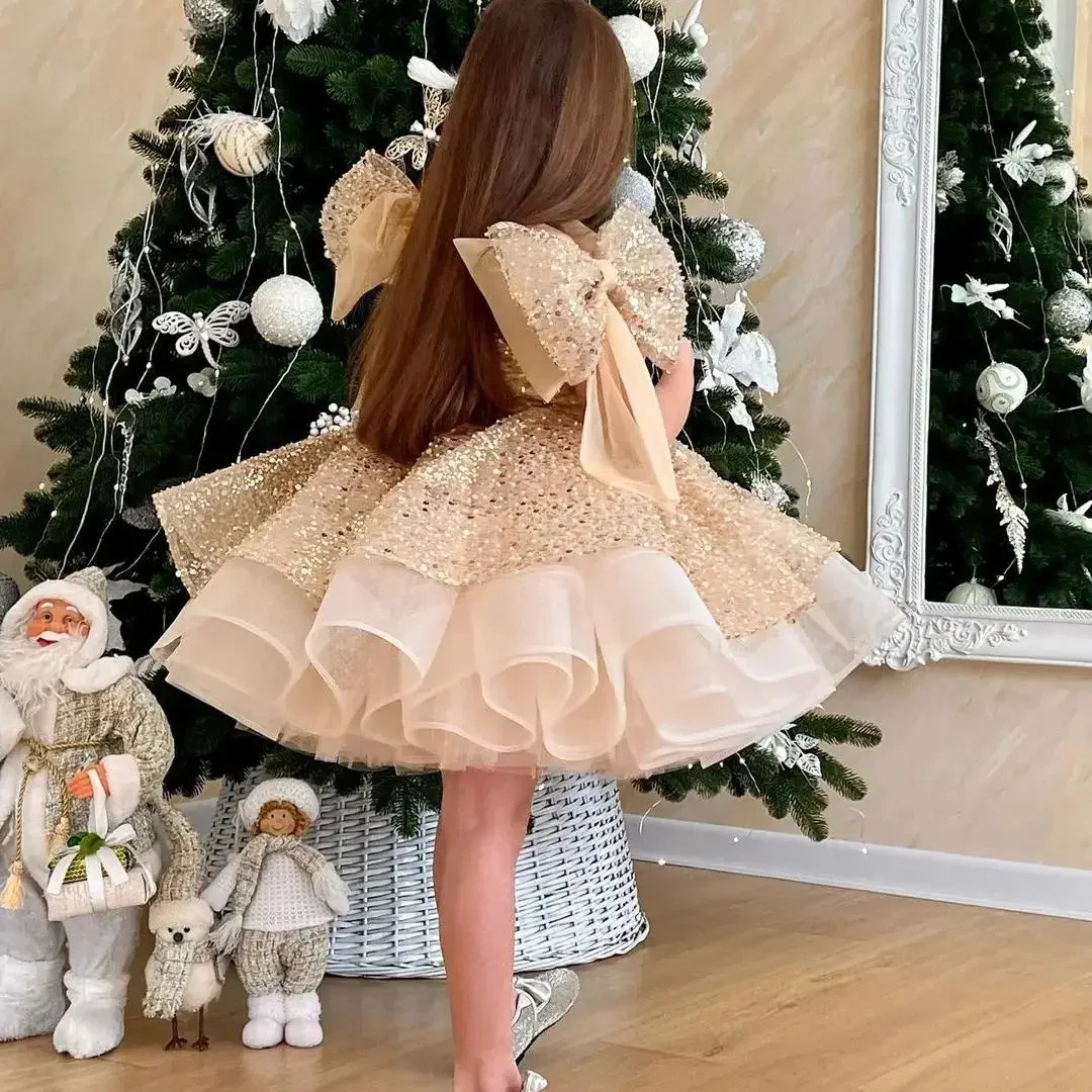 Champagne Flower Girl Dress For Wedding Glitter Shining With Bow Cute Baby Pageant Dress Princess First Communion Ball Gowns