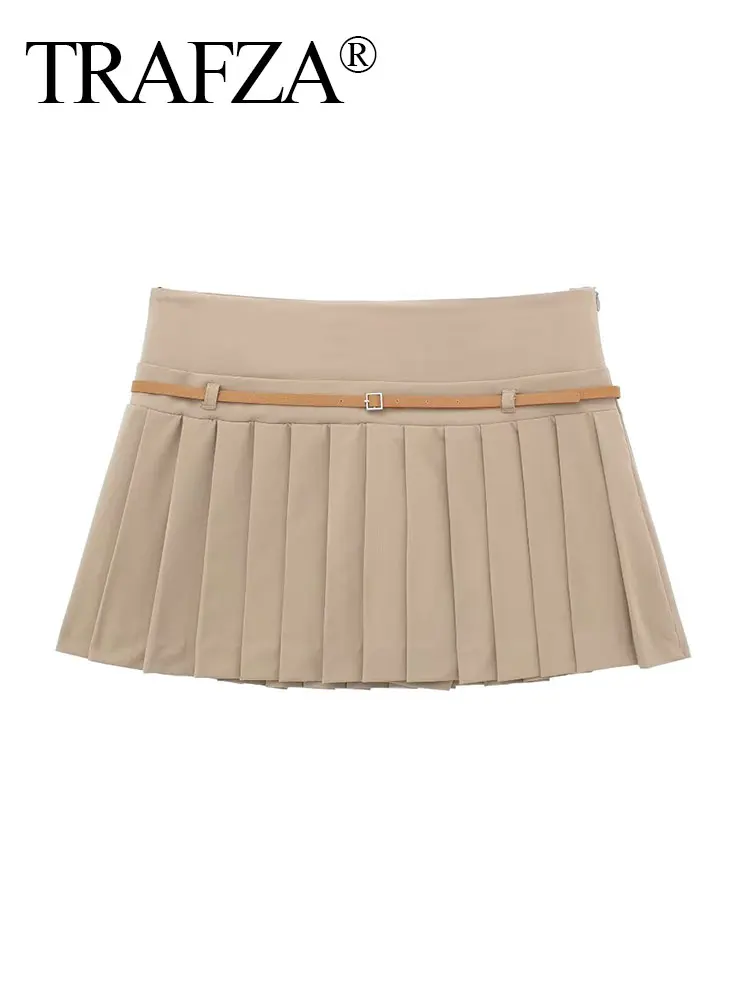 TRAFZA 2024 Summer Woman Fashion Wide Pleats Culottes Slim Short Skirt Female Belt Chic Wild Preppy Style Women\'s Mini Shorts