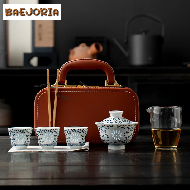 Blue And White Interlock Branch Lotus Hollow Out Tea Set Complete Set Elegant Tea Ceremony Set Teapot And Tea Cup Set Cha Craft