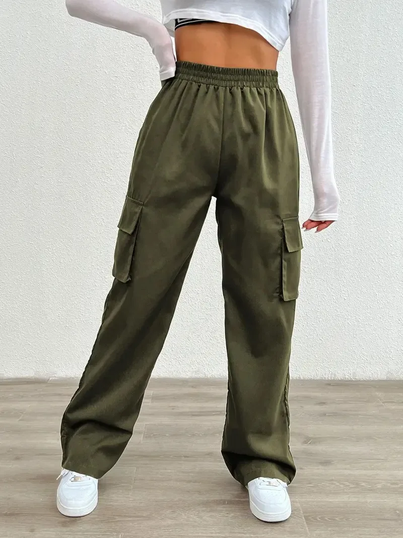 女性用ワイドレッグカーゴパンツ,快適なフラップポケット,伸縮性のあるウエストバンド,ゆったりとしたフィット感,通気性のある生地,カジュアルウェア