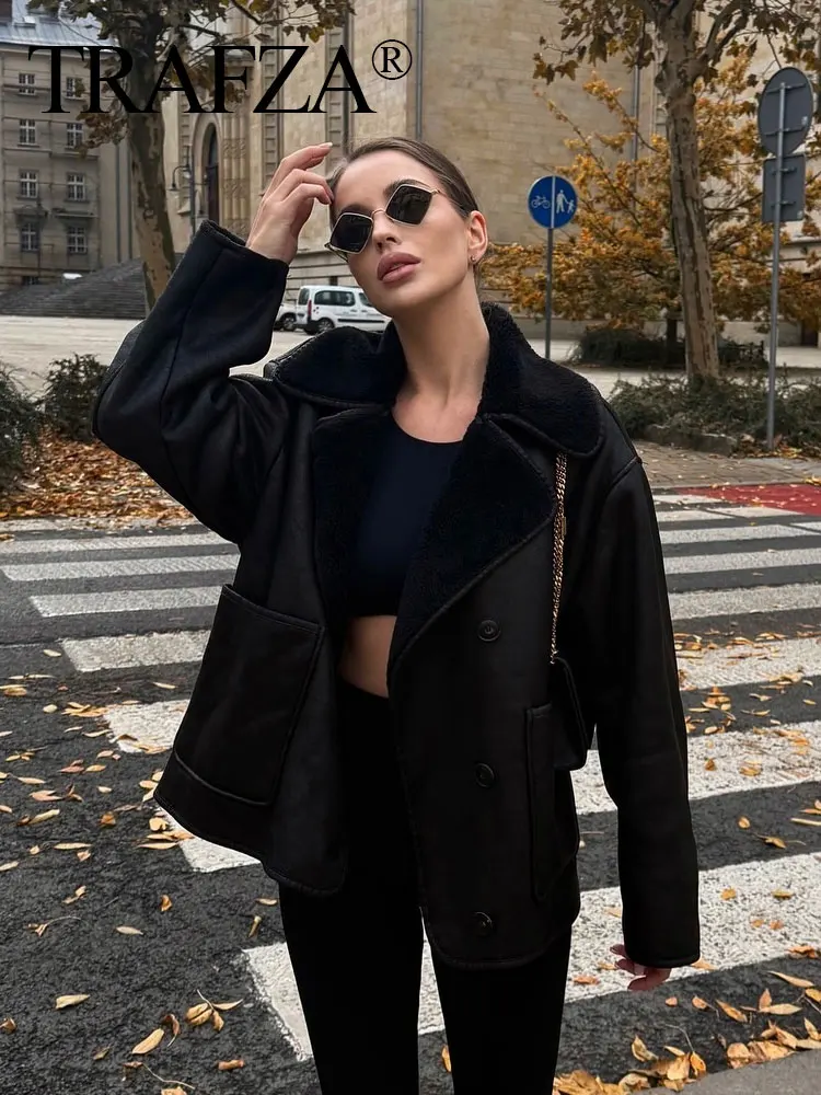 TRAFZA 2024 Female Autumn Trendy Leather Coats Long Sleeves With Pockets Solid Lapel Single Breasted Casual Street Jackets