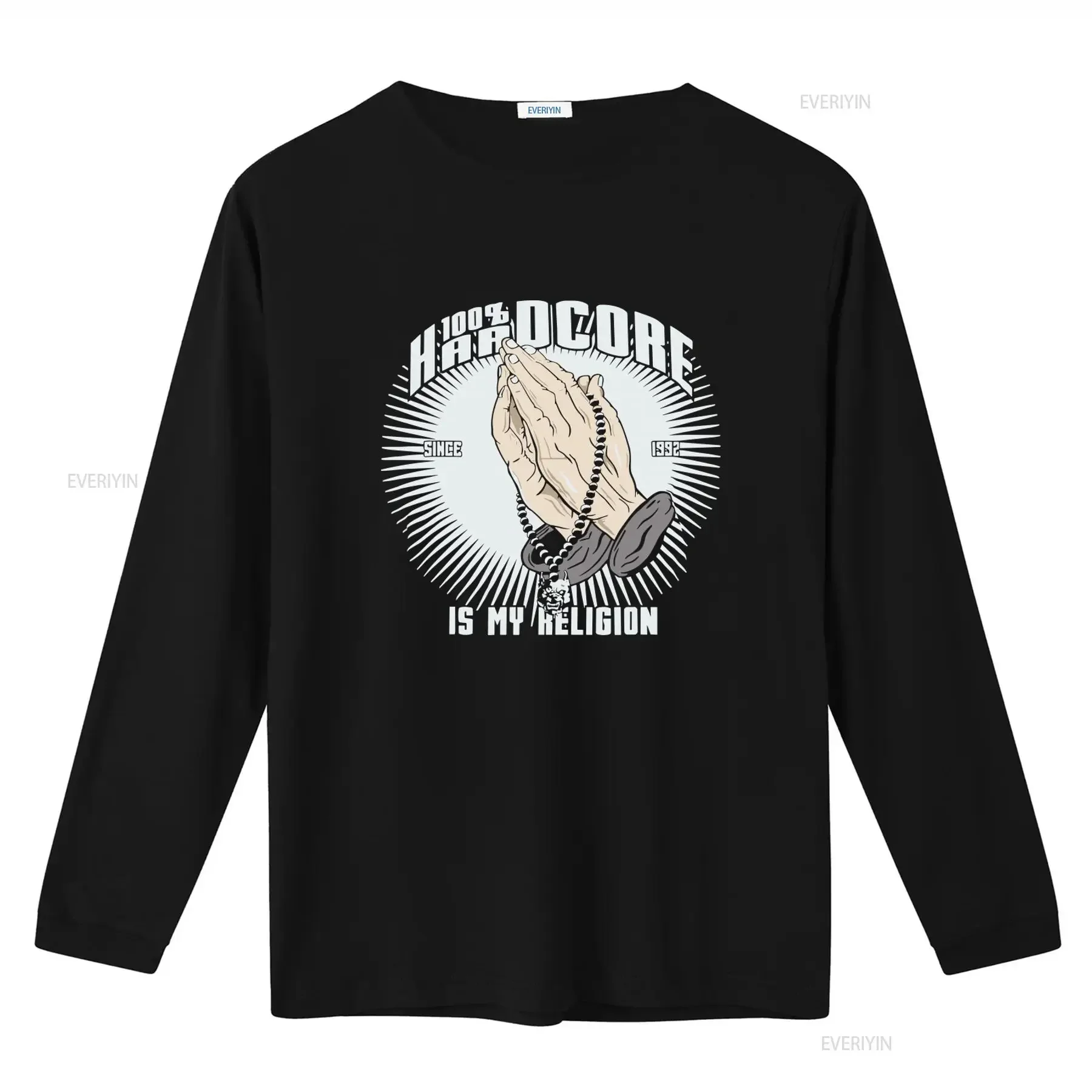 100 HARDCORE Men's T Shirt Praying Hands with Beads Design 'Religion' Theme Black Logo Gabber Style vintage Washed Soft