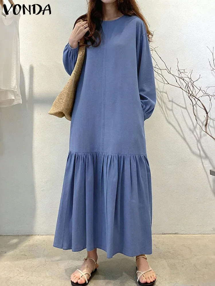 เดรสยาวไซส์ใหญ่พิเศษ 5XL ยี่ห้อ VONDA สำหรับผู้หญิง ชุดเดรสยาวแขนยาวสไตล์ลำลองสำหรับฤดูใบไม้ร่วง เสื้อเชิ้ตยาวแต่งระบาย ชุดเดรสแฟชั่นสีพื้นสไตล์สตรีทแวร์สำหรับงานปาร์ตี้