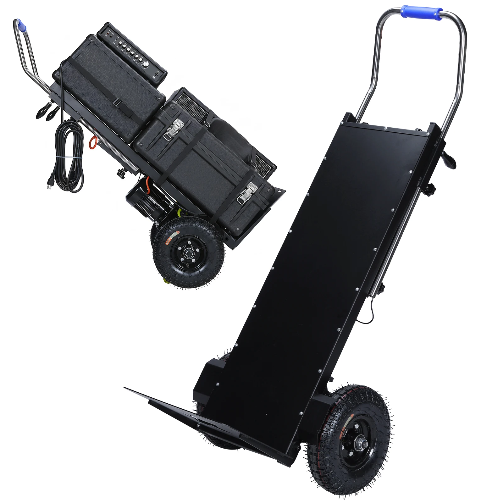 

Электрическая тележка-лестницеход с двигателем 1500 Вт, грузоподъемностью 400 кг и страховочным тросом для складской логистики и перемещения мебели