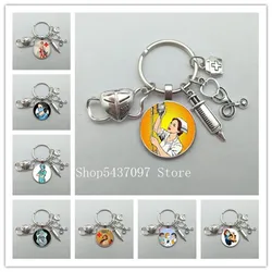 Fashion creative nurse medical syringe stethoscope mask image keychain glass suitable for nurse doctor key ring pendant gift