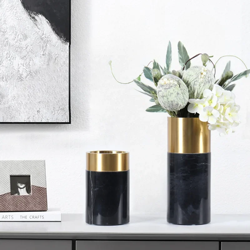 Minimalist living room villa floral ornaments Nordic metal ring stone natural marble cylindrical flower vase