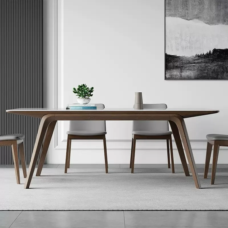

Solid wood rock slab dining table modern simple imported ash wood solid wood legs rectangular bright white rock slab dining tabl