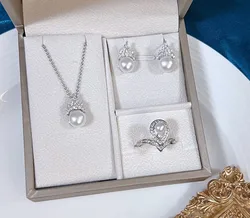 New Fashion Pearl Jewelry Set Natural Freshwater Pearl Necklace Earrings Ring 925 Sterling Silver Crown Design Jewelry For Women