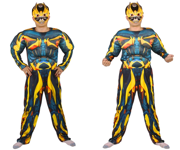 بدلة قفز ضيقة للعضلات من Transformers على طراز البالغين لعام 2025 مع عباءة وقناع عين اللباد مكون من 3 قطع للحفلات التنكرية