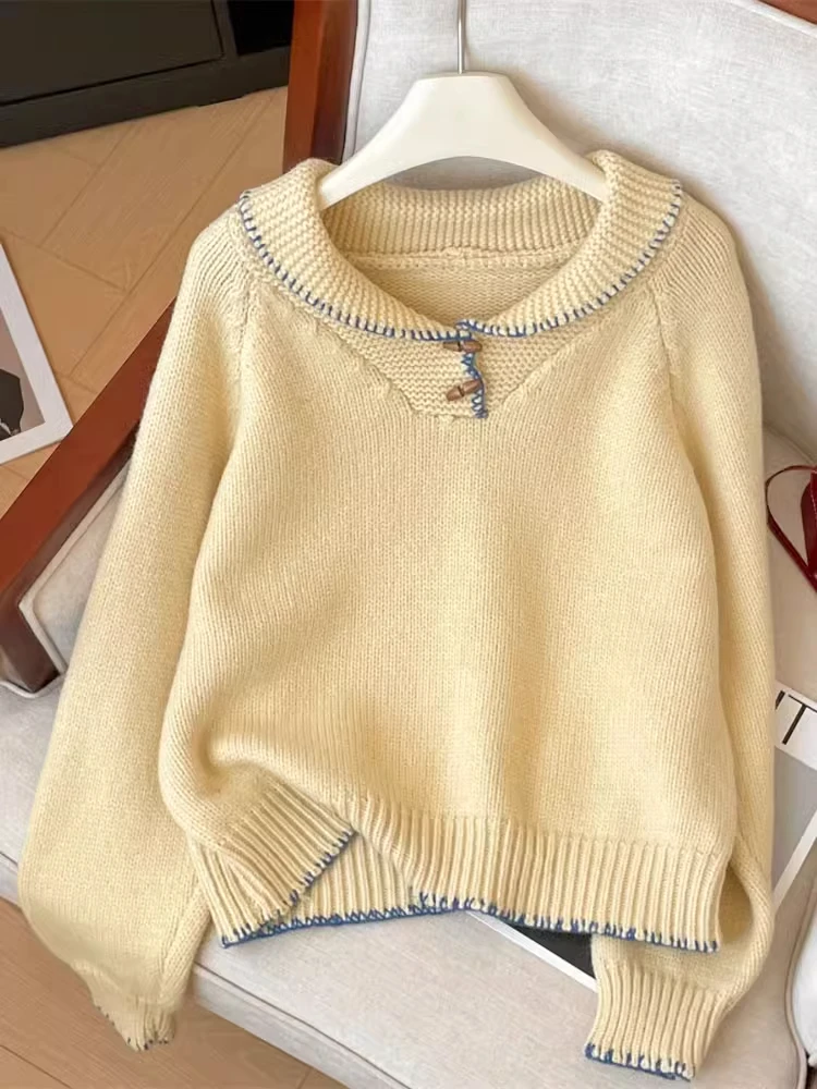 

Retro Button-Up Long Sve Ne Knitwear Soft Cozy Autumn Winter New Sle Lazy Faion Yellow Women's Top